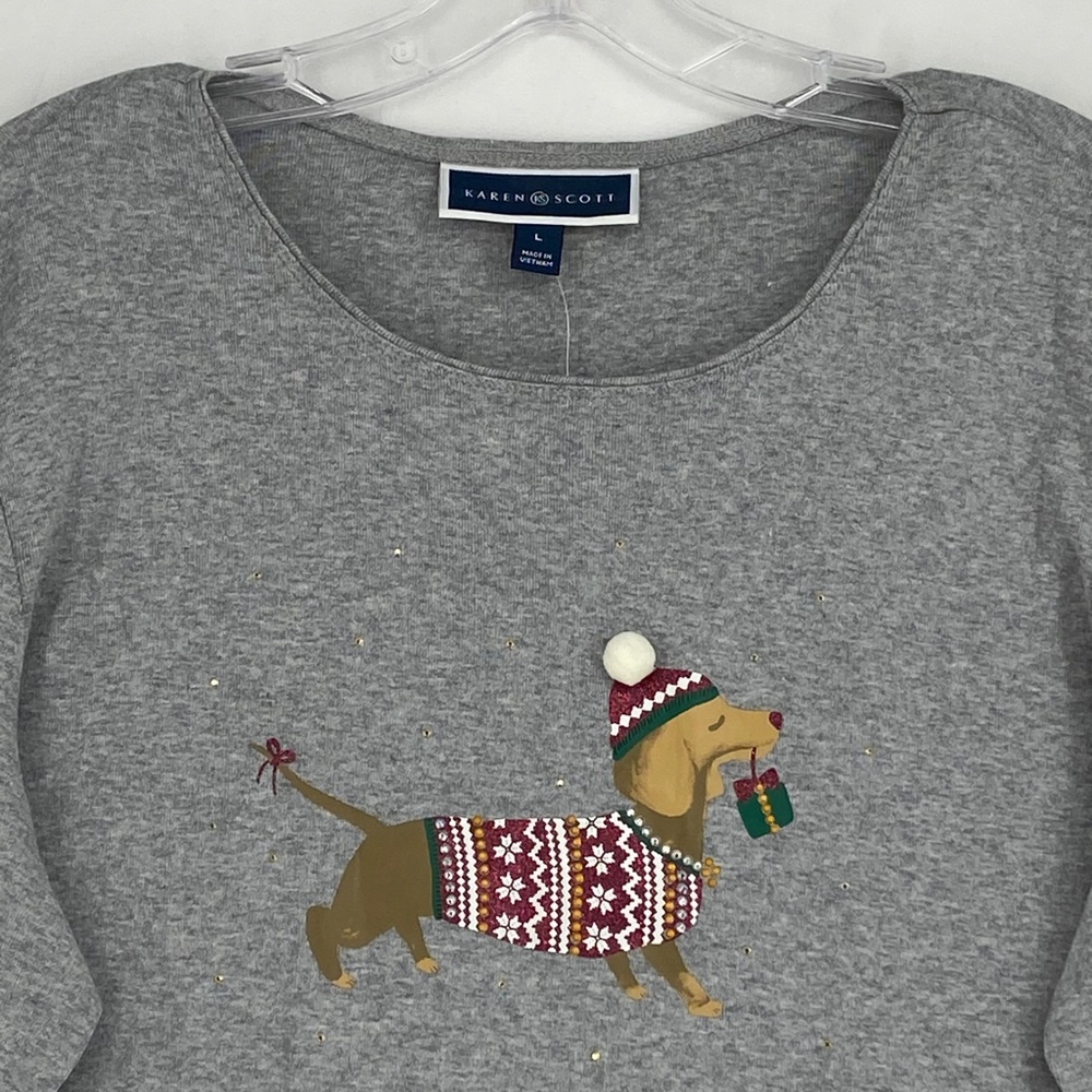 Karen Scott Womens Large Long Sleeve T-Shirt Gray Embellished Christmas Dog - Picture 2 of 9